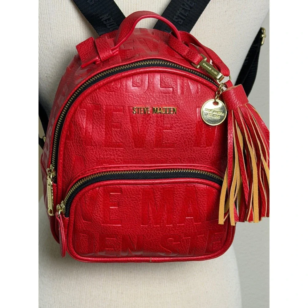 Steve Madden Red Embossed Logo Mini Backpack Gold Hardware Tassel Charm Womens